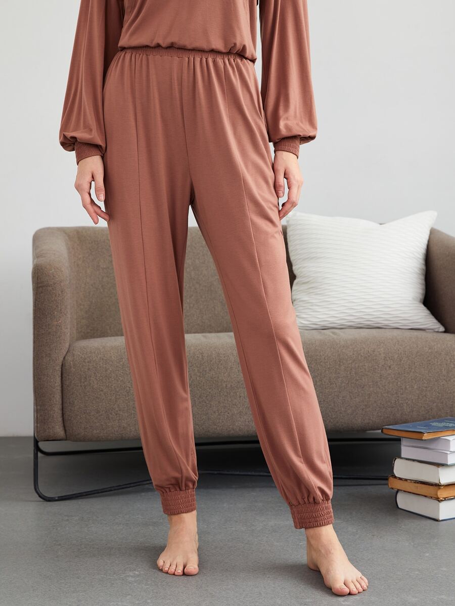 SHEIN Modal Shirred Hem Lounge Pants - Redwood - View 1
