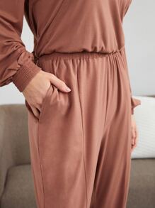 SHEIN Modal Shirred Hem Lounge Pants - Redwood - View 3