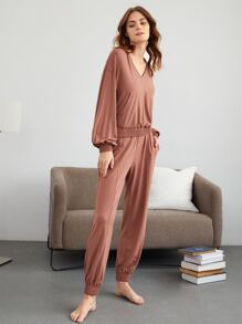 SHEIN Modal Shirred Hem Lounge Pants - Redwood - View 5