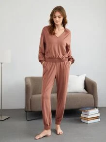 SHEIN Modal Shirred Hem Lounge Pants - Redwood - View 6