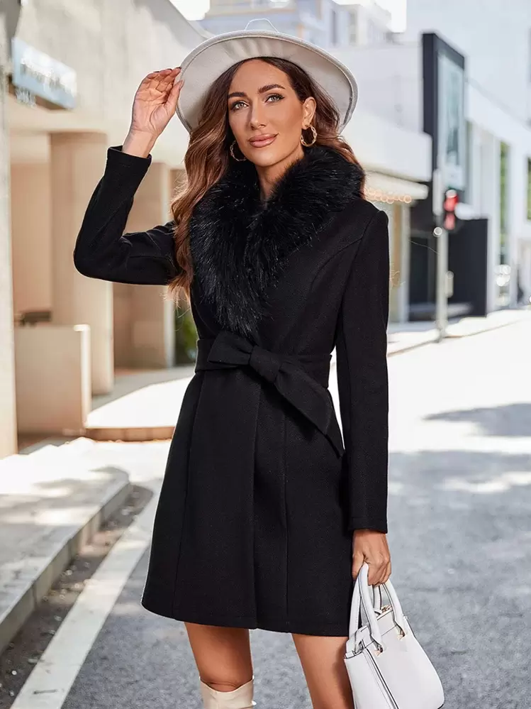 SHEIN Clasi Contrast Fuzzy Collar Belted Overcoat Fall Winter