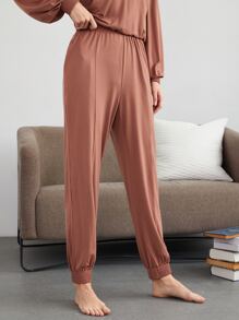 SHEIN Modal Shirred Hem Lounge Pants - Redwood - View 7