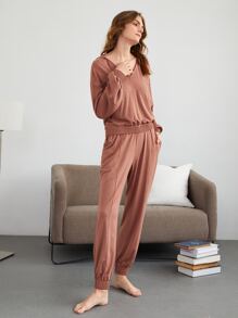 SHEIN Modal Shirred Hem Lounge Pants - Redwood - View 8