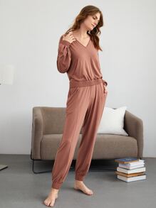 SHEIN Modal Shirred Hem Lounge Pants - Redwood - View 9