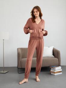 SHEIN Modal Shirred Hem Lounge Pants - Redwood - View 10