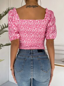 SHEIN ChicEase Bluzka w kwiaty z marszczeniem i bufiastymi rękawami - Różowy - Zobacz 2