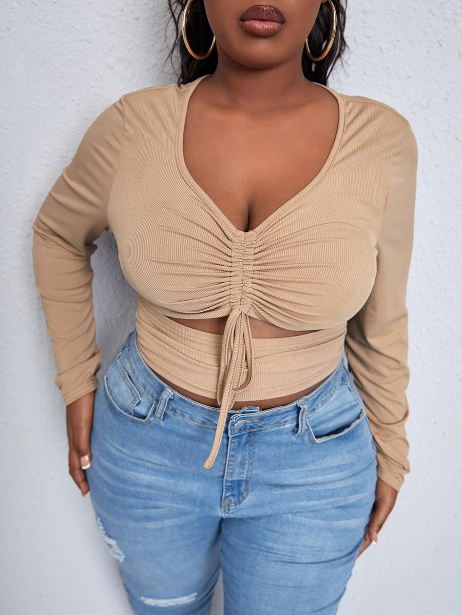 SHEIN SXY Plus Cut Out Drawstring Front Tee - Khaki - View 1