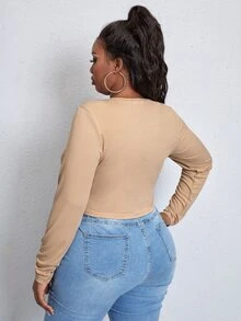 SHEIN SXY Plus Cut Out Drawstring Front Tee - Khaki - View 2