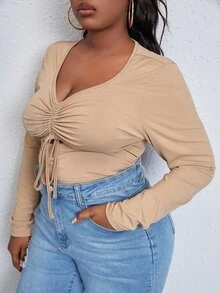 SHEIN SXY Plus Cut Out Drawstring Front Tee - Khaki - View 3