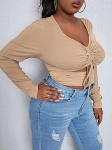 SHEIN SXY Plus Cut Out Drawstring Front Tee - Khaki - View 4