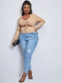 SHEIN SXY Plus Cut Out Drawstring Front Tee - Khaki - View 5