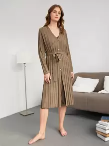 SHEIN Unity Women Cardigans Berikat Split Tombol Depan Plain Casual - Coklat - View 1
