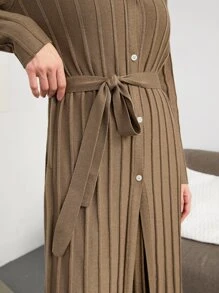 SHEIN Unity Women Cardigans Berikat Split Tombol Depan Plain Casual - Coklat - View 5