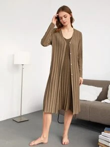SHEIN Unity Women Cardigans Berikat Split Tombol Depan Plain Casual - Coklat - View 7