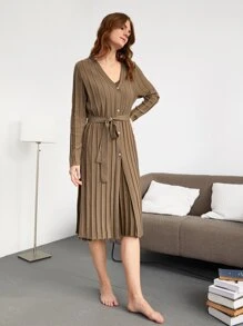 SHEIN Unity Women Cardigans Berikat Split Tombol Depan Plain Casual - Coklat - View 8