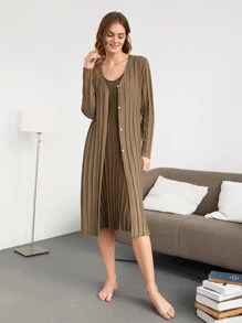 SHEIN Unity Women Cardigans Berikat Split Tombol Depan Plain Casual - Coklat - View 9