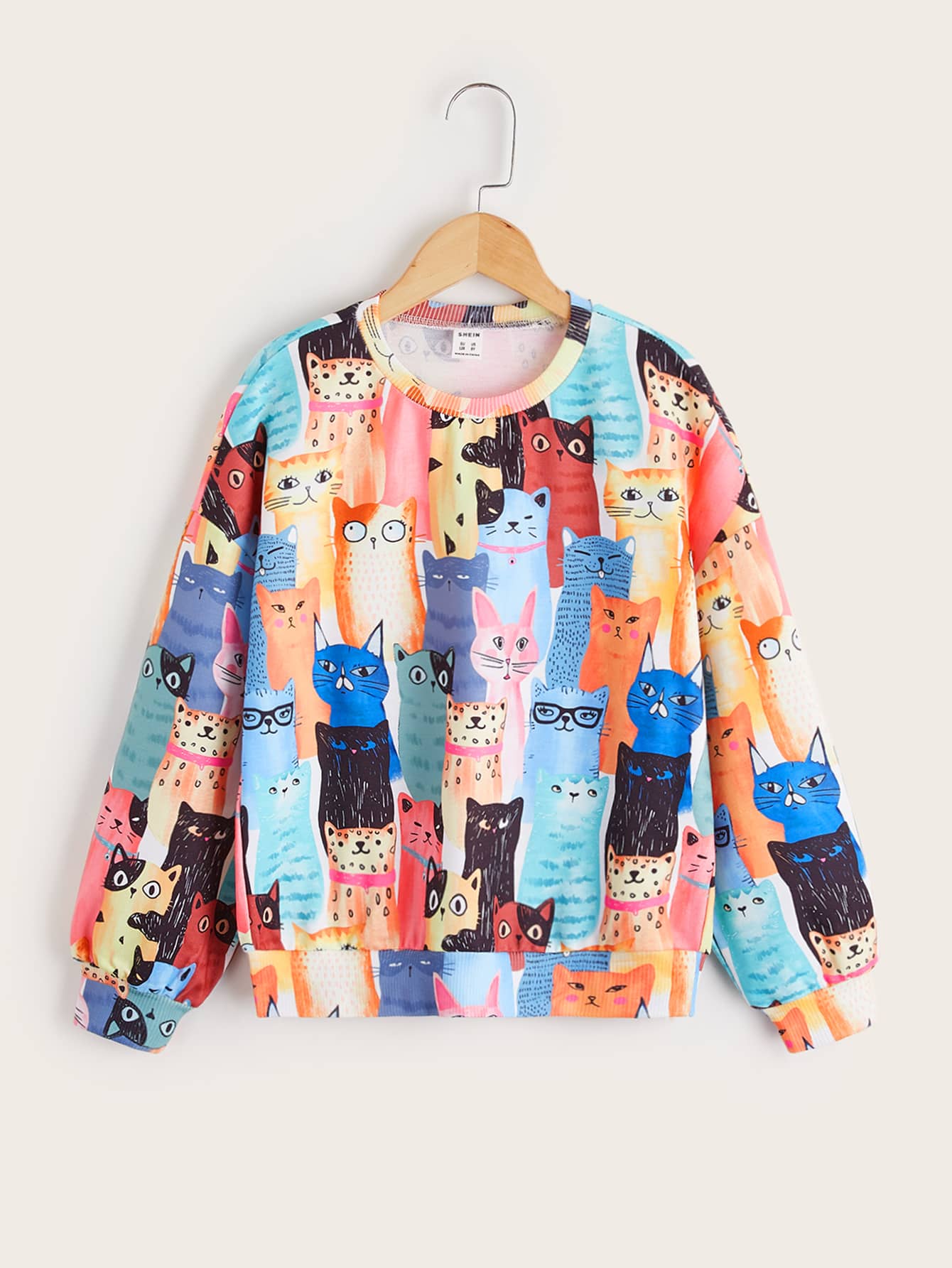 SHEIN Girls Cat Print Drop Shoulder Sweatshirt - Multicolor - View 1