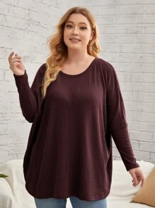 EMERY ROSE 大碼蝙蝠袖華夫格編織T恤 - 紫紅色 - 查看 1