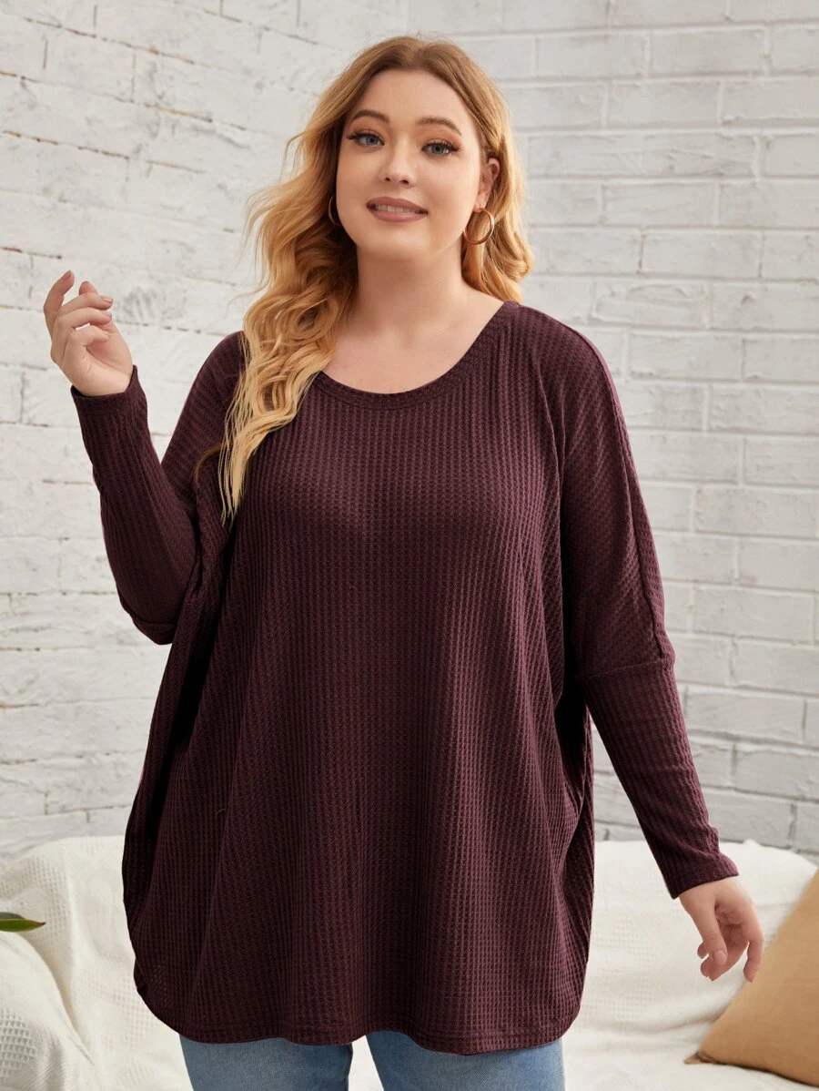 EMERY ROSE 大碼蝙蝠袖華夫格編織T恤 - 紫紅色 - 查看 1