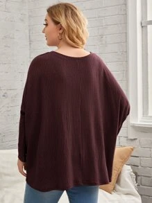 EMERY ROSE 大碼蝙蝠袖華夫格編織T恤 - 紫紅色 - 查看 2