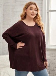 EMERY ROSE 大碼蝙蝠袖華夫格編織T恤 - 紫紅色 - 查看 3