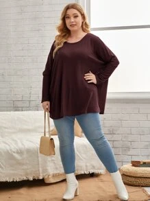 EMERY ROSE 大碼蝙蝠袖華夫格編織T恤 - 紫紅色 - 查看 4