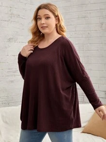 EMERY ROSE 大碼蝙蝠袖華夫格編織T恤 - 紫紅色 - 查看 5