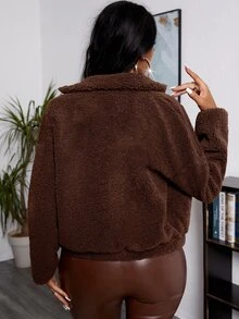 SHEIN SXY 落肩袖抽繩領泰迪夾克 - 咖啡棕 - 查看 2