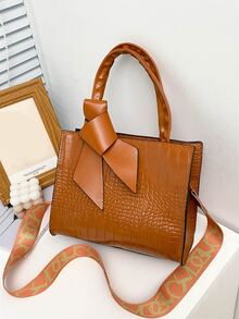 鱷魚壓紋方包 - 棕色 - 查看 1