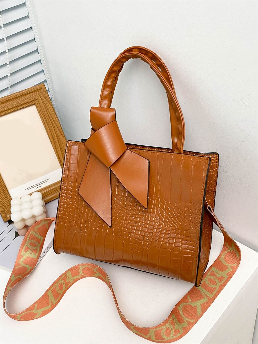 鱷魚壓紋方包 - 棕色 - 查看 1