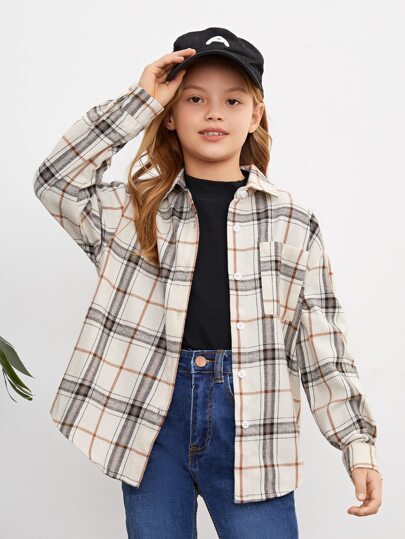 SHEIN NovaGlow Tween Girl Tween Girl Plaid Print Button Through Blouse