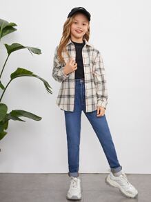 SHEIN Leap Crew NovaGlow Tween Girl Tween Girl 格子印花纽扣衬衫 - 彩色 - 查看 3