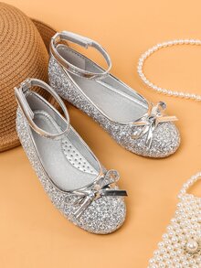 女孩亮片和蝴蝶結裝飾踝帶平底鞋 - 銀色 - 查看 6