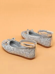 女孩亮片和蝴蝶結裝飾踝帶平底鞋 - 銀色 - 查看 2