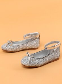 女孩亮片和蝴蝶結裝飾踝帶平底鞋 - 銀色 - 查看 1