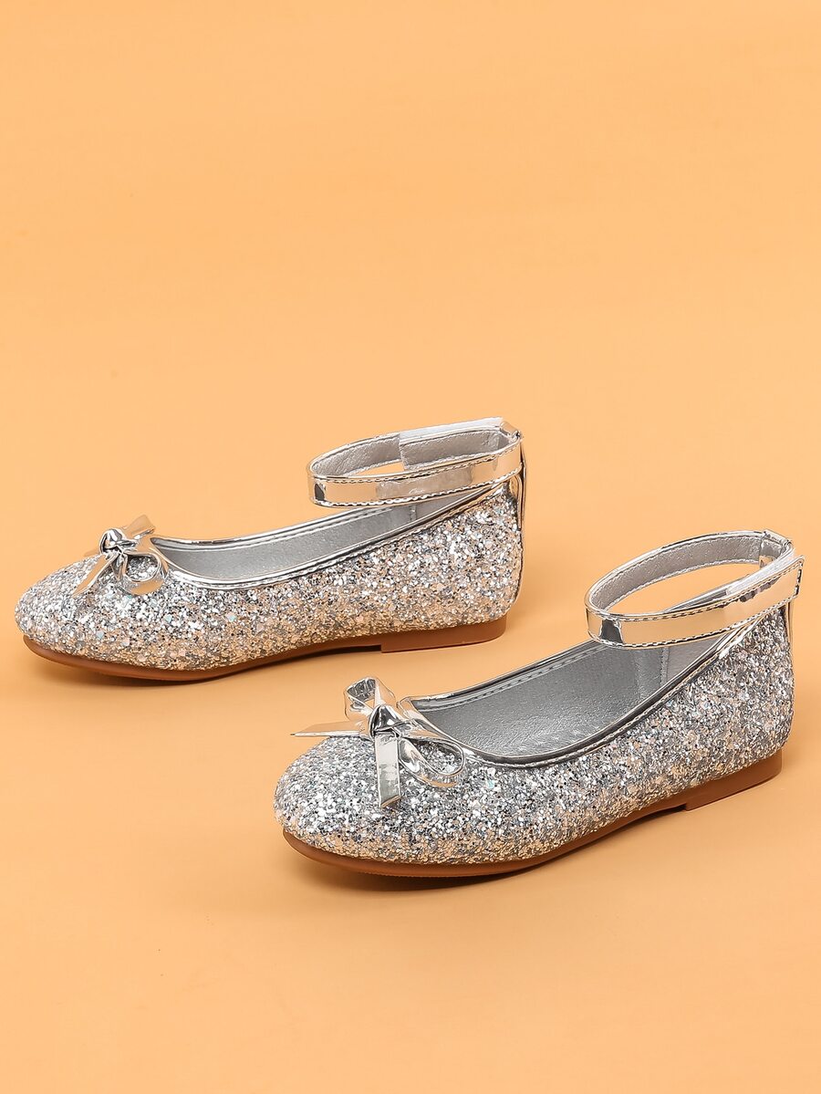 女孩亮片和蝴蝶結裝飾踝帶平底鞋 - 銀色 - 查看 1
