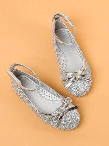 女孩亮片和蝴蝶結裝飾踝帶平底鞋 - 銀色 - 查看 4