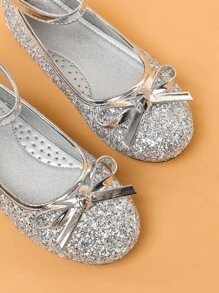 女孩亮片和蝴蝶結裝飾踝帶平底鞋 - 銀色 - 查看 5