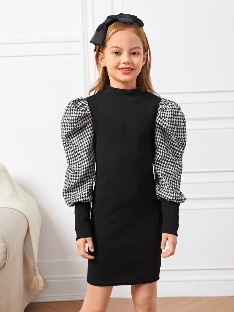 SHEIN เด็กผู้หญิง เดรส คอนทราสต์ ฮาวด์สทูธ แขนพอง ไม่มีเข็มขัด - สีดำ - ดู 3