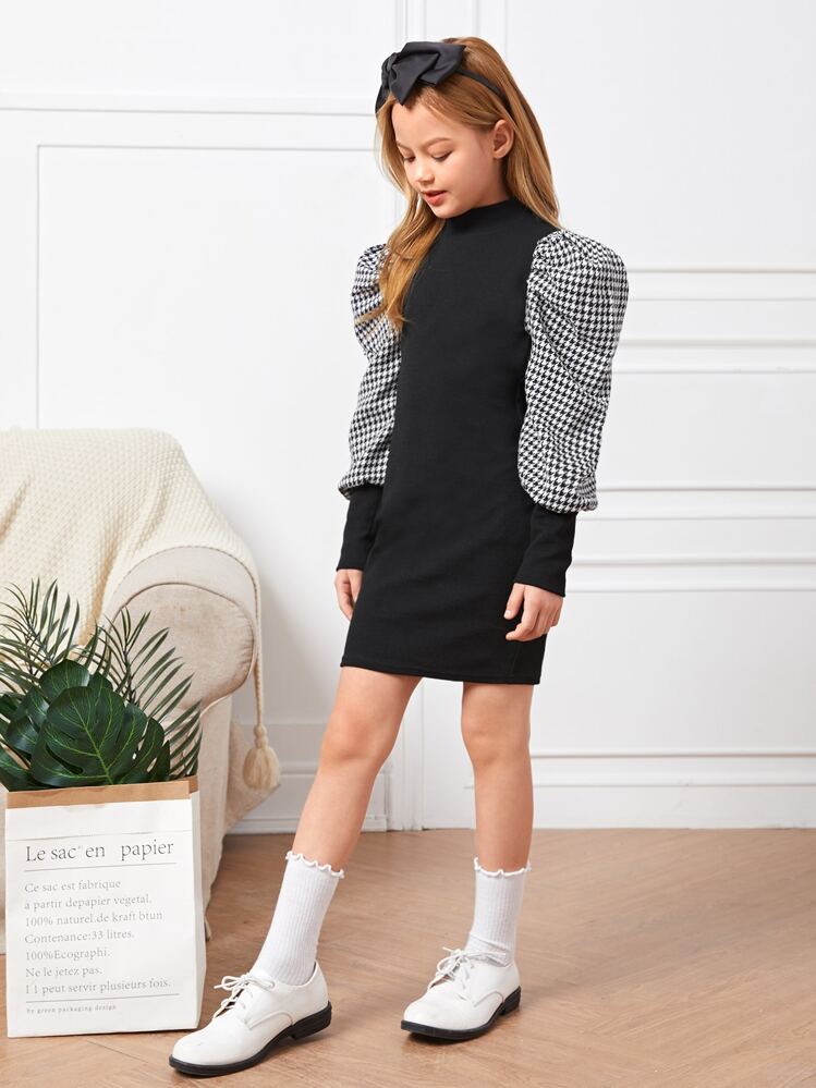 SHEIN เด็กผู้หญิง เดรส คอนทราสต์ ฮาวด์สทูธ แขนพอง ไม่มีเข็มขัด - สีดำ - ดู 4