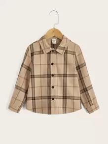 SHEIN 男童格子舒适复古休闲单排扣衬衫
