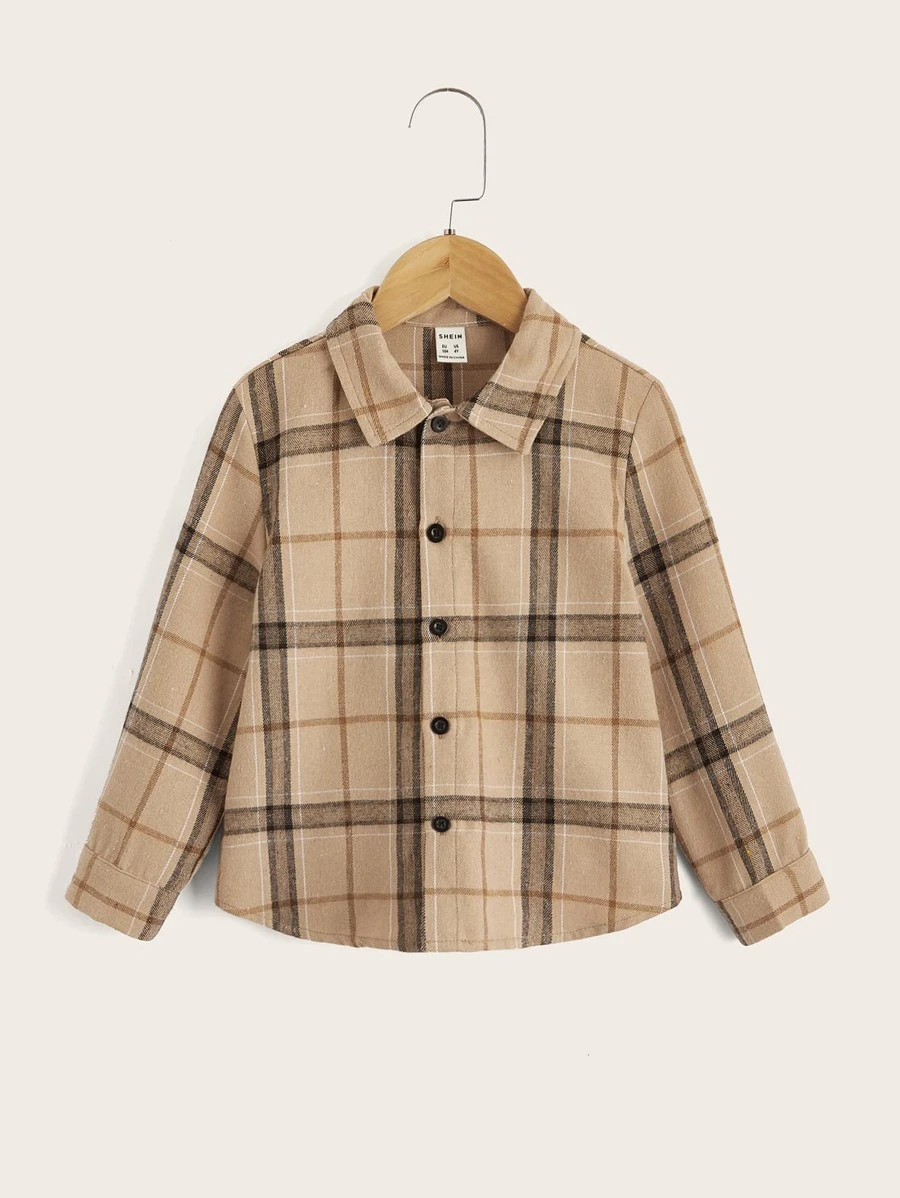 SHEIN 男童格子舒适复古休闲单排扣衬衫
