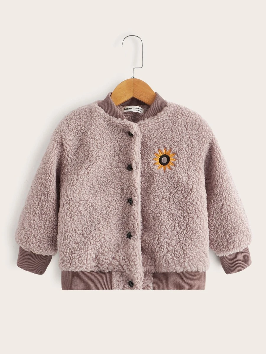 SHEIN Toddler Girls Embroidery Floral Fleece Bomber Jacket - Dusty Purple - View 1