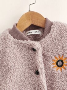 SHEIN Toddler Girls Embroidery Floral Fleece Bomber Jacket - Dusty Purple - View 3