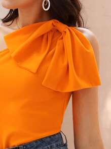 SHEIN Privé Neon Orange One Shoulder Bow Front Top - Orange - View 5