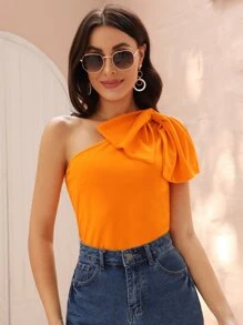 SHEIN Privé Neon Orange One Shoulder Bow Front Top - Orange - View 6