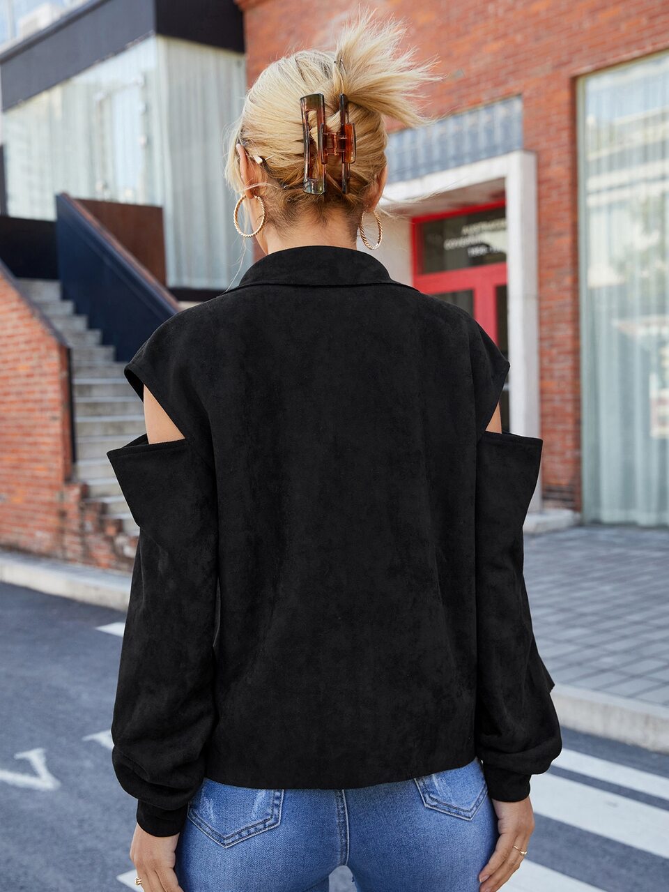 Button Front Cut Out Suedette Shirt