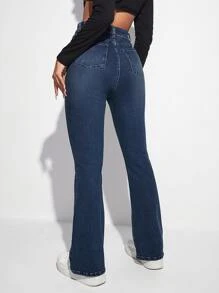 SHEIN EZwear 高腰漂白水洗牛仔喇叭褲 - 深色水洗藍 - 查看 2