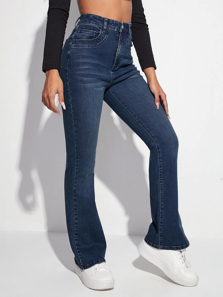 SHEIN EZwear 高腰漂白水洗牛仔喇叭褲 - 深色水洗藍 - 查看 3