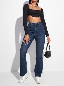 SHEIN EZwear 高腰漂白水洗牛仔喇叭褲 - 深色水洗藍 - 查看 5